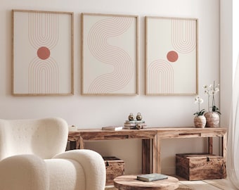 Abstrakt väggkonst i modern stil med 3 tryck, geometrisk väggkonst, boho väggkonst, konst i mitten av århundradet, terrakottakonst, digital nedladdning