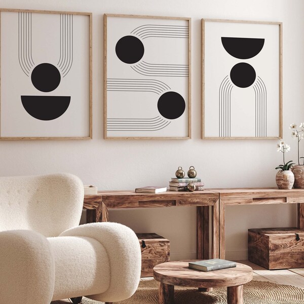 Mid Century Modern Wall Art Set of 3 Prints, Abstract Shapes Art, Line ...