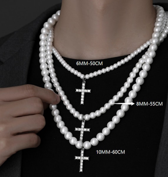 Pearl Necklace With Cross necklace for Men Boho Rhinestone 