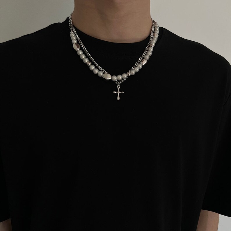 Mens Silver Cross Necklacemens Pearl Necklacehalf Reflective - Etsy