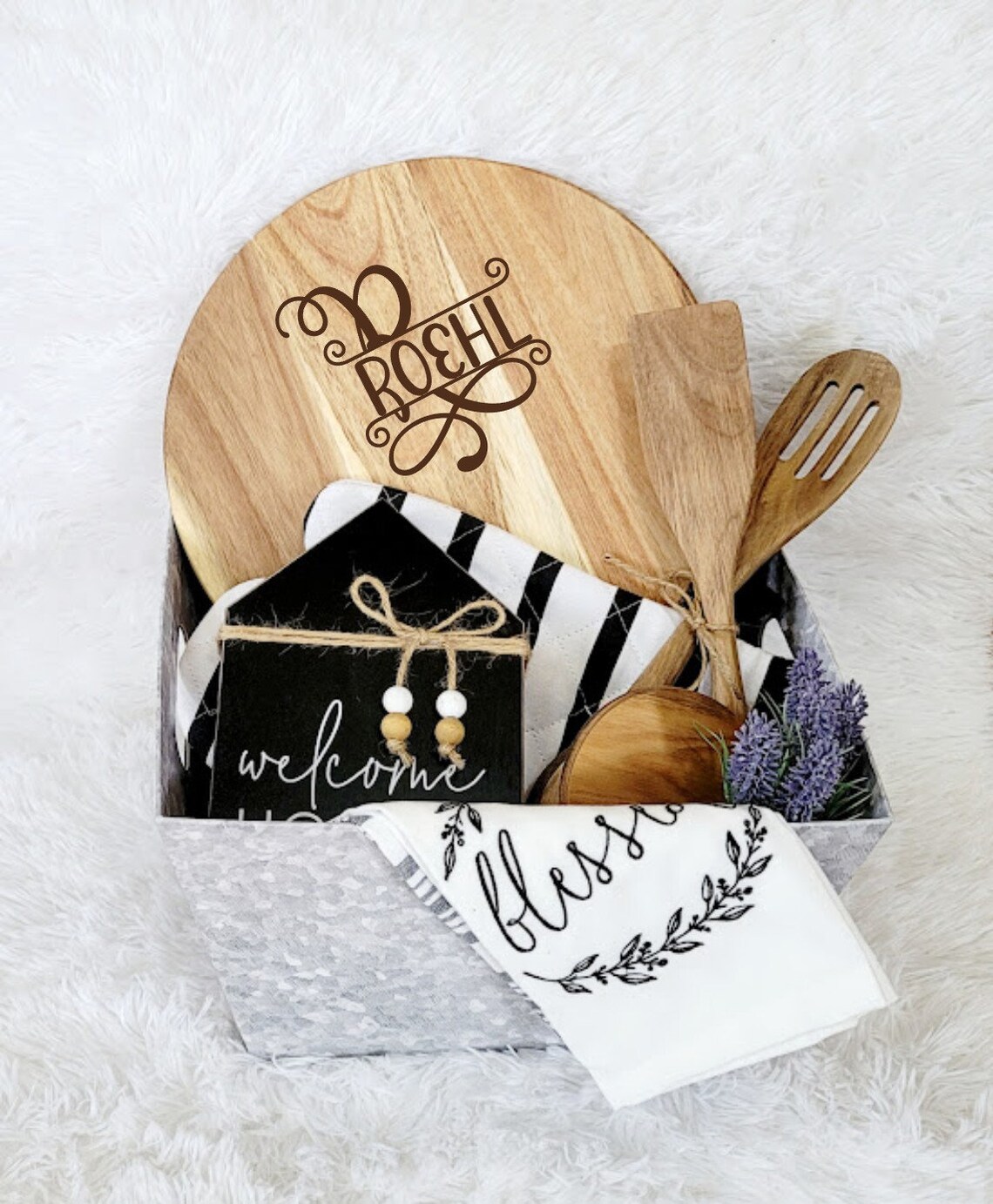 Custom Cutting Board Gift Basket. Family Name Charcuterie Board and