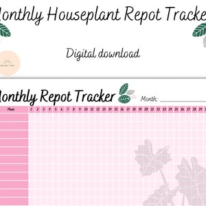 May include: Printable monthly houseplant repot tracker with a pink and white grid and a calendar with the numbers 1 through 31. The text "Monthly Repot Tracker" is at the top of the page. The text "Plant" is in the first column of the grid. The text "Month:" is at the top of the page.