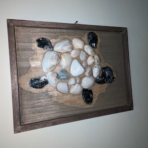 Pu&ograve; includere: Un'opera d'arte da parete in legno incorniciata con un design a forma di tartaruga realizzato con conchiglie. La tartaruga &egrave; realizzata con una variet&agrave; di conchiglie in tonalit&agrave; di bianco, crema e marrone. La testa e le zampe della tartaruga sono realizzate con conchiglie nere.