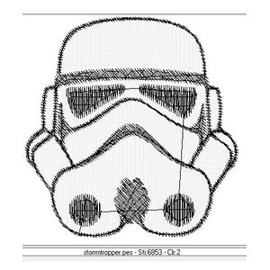May include: A black and white line drawing of a Star Wars Stormtrooper helmet. The helmet has a visor and a rectangular shape.