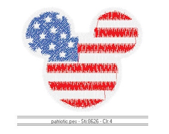 May include: A red, white and blue Mickey Mouse head design with stars in the blue section. The design is made of stitched lines, creating a textured look.