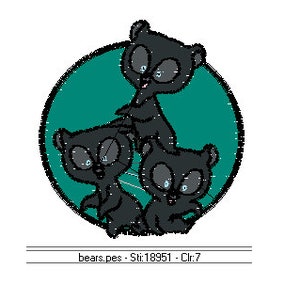 Puede incluir: Tres osos de dibujos animados negros con ojos azules están apilados uno encima del otro en un círculo con un fondo verde azulado. El texto "bears.pes - Sti:18951 - Clr:7" está debajo del círculo.
