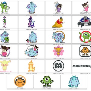 May include: A set of 18 embroidery designs featuring characters from the animated film Monsters, Inc. The designs include Sully, Mike, Boo, and other characters from the movie. The designs are in a variety of colors and styles.