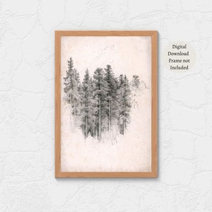 Antique Coniferous Pine Tree İllustration Wall Decor Print Art | Neutral Tree Sketch | Vintage Pine Tree Drawing Print | Digital PRINTABLE