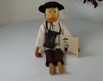 Rare Handcrafted Johnny Appleseed Wooden Jointed Doll with Hand-Painted Face - Vintage 1983