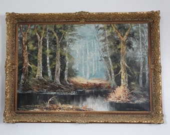 Foresta serena: olio su tela OG incorniciato e firmato, stile impressionista - 29x41