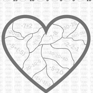 May include: A black and white heart-shaped coloring page with math problems to solve. The answers are used to color the heart. The numbers -15, -10, -5, 0, 5, and 10 are listed at the top of the page.