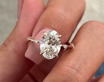 2.98 CT Oval Cut Moissanite Engagement Ring, Round Cut Distance Pave Set Band, Oval Moissanite Pave Wedding Ring, Anniversary Gift for Women