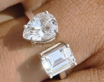 Toi Et Moi Moissanite Ring, Pear and Emerald Cut Engagement  Ring, 18K White Gold Two Stone Ring, Anniversary Gift For Her, You and Me Ring