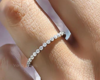 Bubble Prong Half Eternity Moissanite Band, 1.50 MM Round Cut Stackable Ring, Minimalist Wedding Band, 18K White Gold Matching Ring for Wife