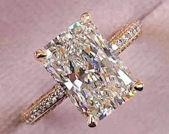 5CT Radiant Cut Moissanite Engagement Ring, Yellow Gold Engagement Ring, Halo Wedding Ring, Three Pave Set, Promise Ring, Anniversary Gift