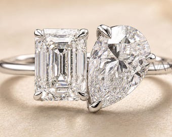 Toi et Moi Moissanite Engagement Ring, Pear and Emerald Cut Two Stone Ring, White Gold Bridal Ring, Unique Anniversary Ring for Her