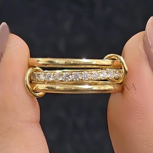 Geelgouden multi-link verbindingsring, in elkaar grijpende diamanten ring, zilveren ring set, Diamond Eternity Statement Ring Moissanite diamanten ring