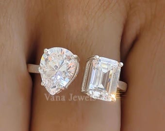 Pear and Emerald Cut Moissanite Ring, Toi Et Moi Engagement Ring, Two Stone Wedding Ring, 18K White Gold You and Me Ring, Anniversary Gifts