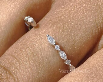 Minimalist Open Gap Moissanite Band, White Gold Round and Marquise Eternity Wedding Band, Enhancer Stackable Ring, Matching Band for Women