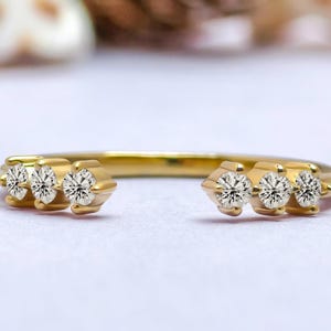 Minimalist Open Gap Wedding Band, Round Cut Moissanite Stackable Ring, 14K Yellow Gold Matching Band, Modern Cuff Ring, Gift for Women