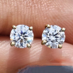 14K Solid Gold Stud Earrings, Round Brilliant Cut Moissanite Wedding Earrings, Everyday Wear Screw Back Earrings, Push Back Earrings for Her