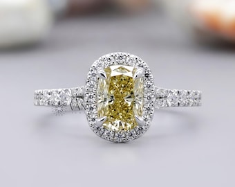 Yellow Cushion Cut Moissanite Engagement Ring, Halo Split Shank Ring, White Gold Bridal Ring, Pave Proposal Ring for Her
