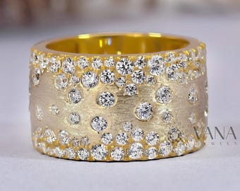Flush Set Round Cut CZ Diamond Cigar Band, Wide Wedding Band, Cocktail Statement Ring, 925 Silver Engagement Band, Anniversary Ring Gift