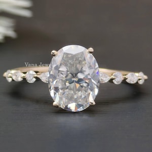 Handmade 2.01 CT Oval Moissanite Engagement Ring, Solid Gold Marquise Side Stones, Wedding Ring