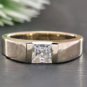Princess Cut Men’s Moissanite Band, Wide Yellow Gold Wedding Ring, Solitaire Engagement Ring, Unique Promise Ring for Him, Anniversary Gift
