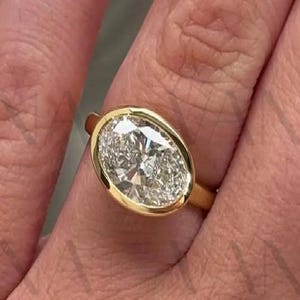 1.45 CT East To West Elongated Oval Cut Simulated Ring, 925 Sterling Silver, Signature Bezel Setting 1.8 MM Straight Band Promise Ring/Gift