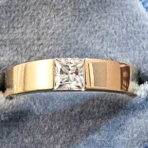 Men's Moissanite Wedding Band, Solitaire Engagement Ring, Yellow Gold Princess Cut Ring, Anniversary Gift, Band for Him, Proposal Jewelry