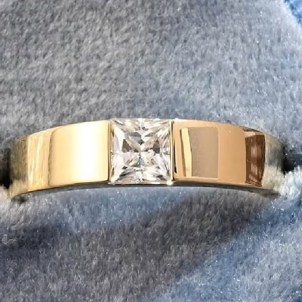 Men's Moissanite Wedding Band, Solitaire Engagement Ring, Yellow Gold Princess Cut Ring, Anniversary Gift, Band for Him, Proposal Jewelry