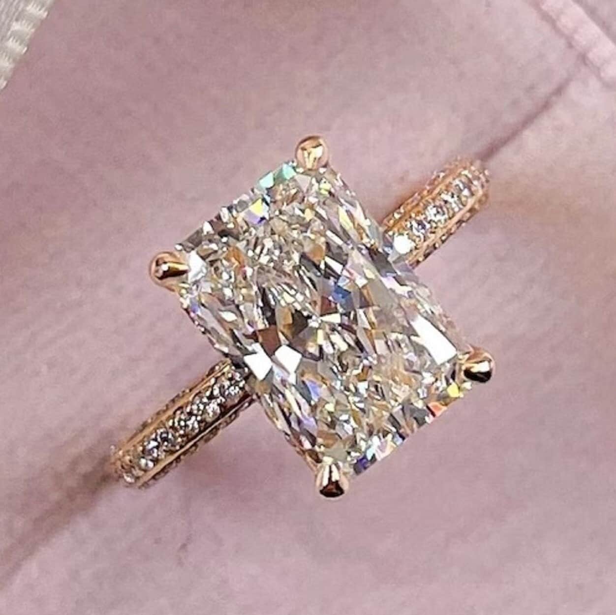 5.0CT Radiant Cut Moissanite Engagement Ring, 14K Solid Gold Hidden Halo Wedding Ring, Three Side Pave Setting, Unique Anniversary Gift Ring