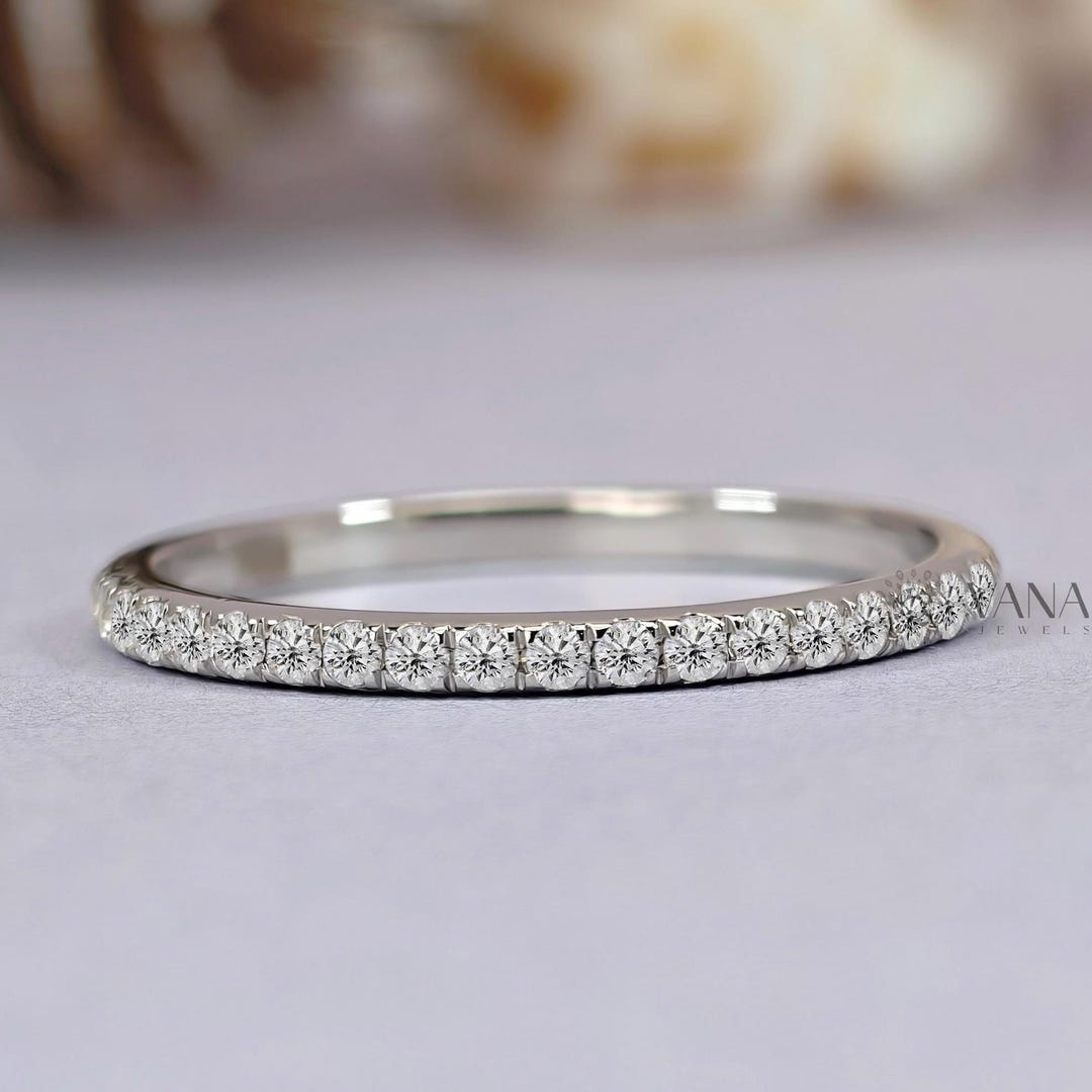 Round Cut Moissanite Wedding Band, White Gold Half Eternity Ring ...