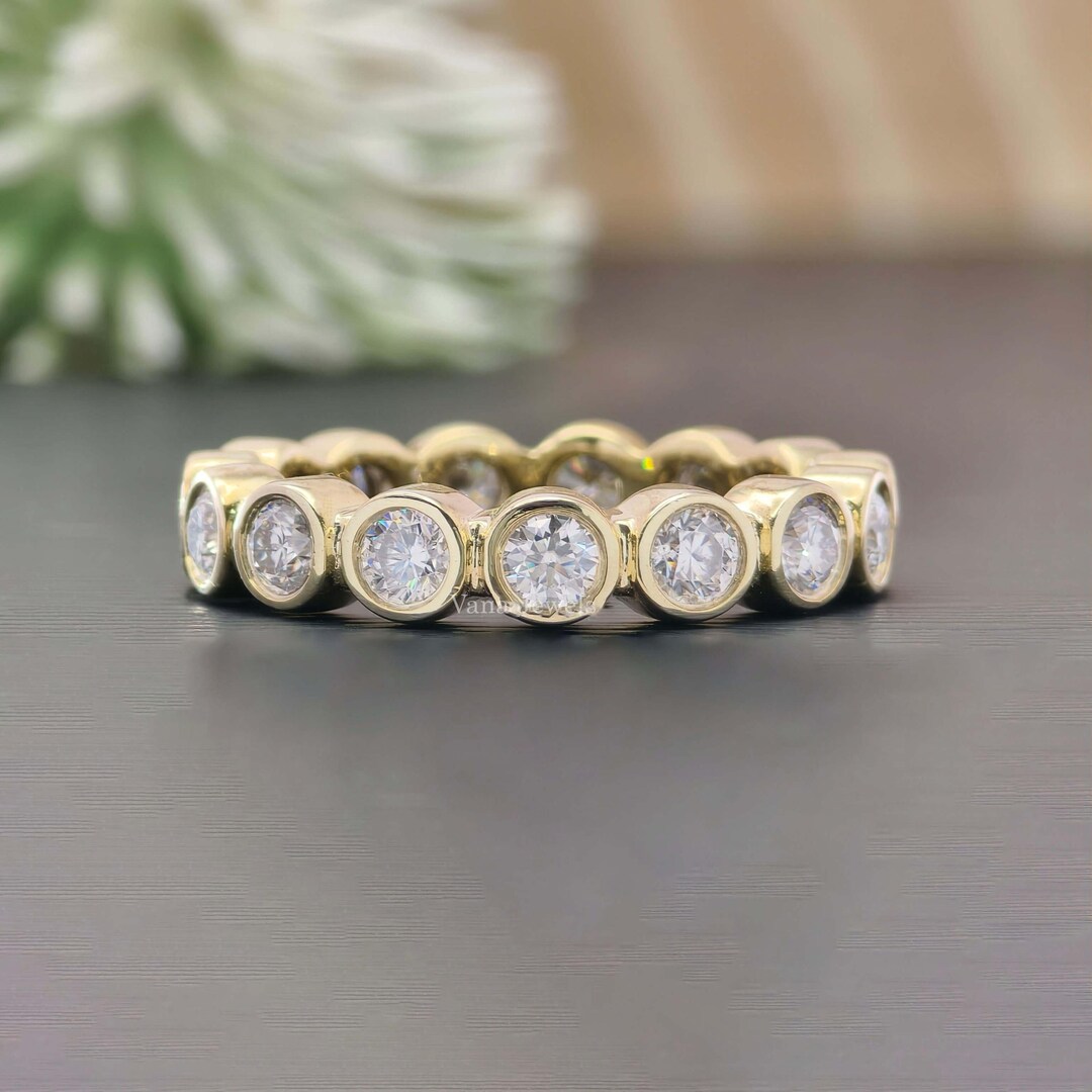 Bezel Set Wedding Band, Round Moissanite Full Eternity Ring, 14K Yellow ...