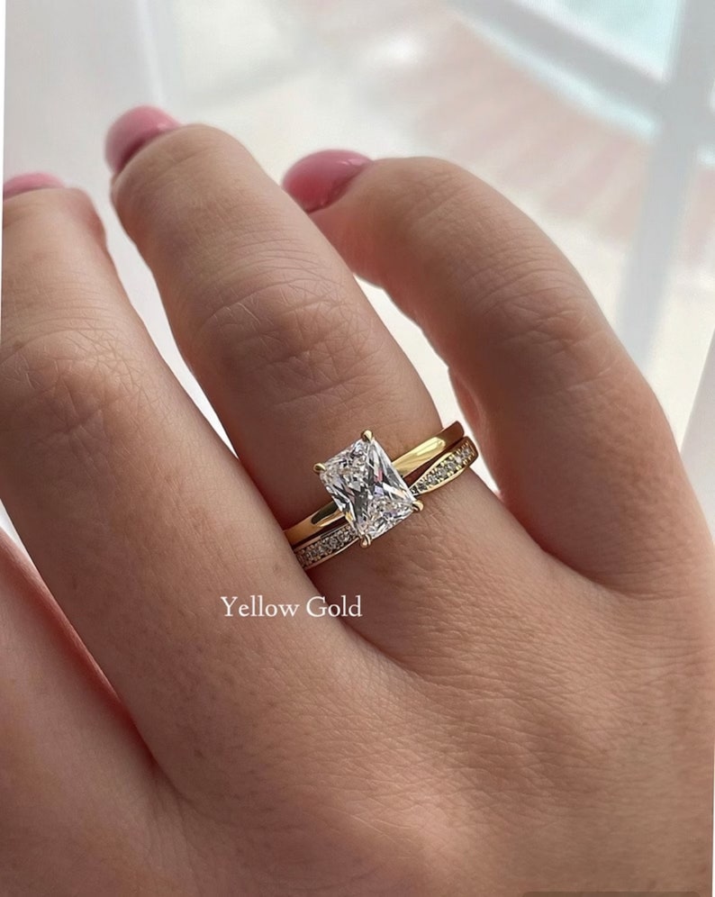 Simulated Radiant Cut 2CT Engagement Ring, Radiant Cut Solitaire Wedding Set, Half Eternity Band