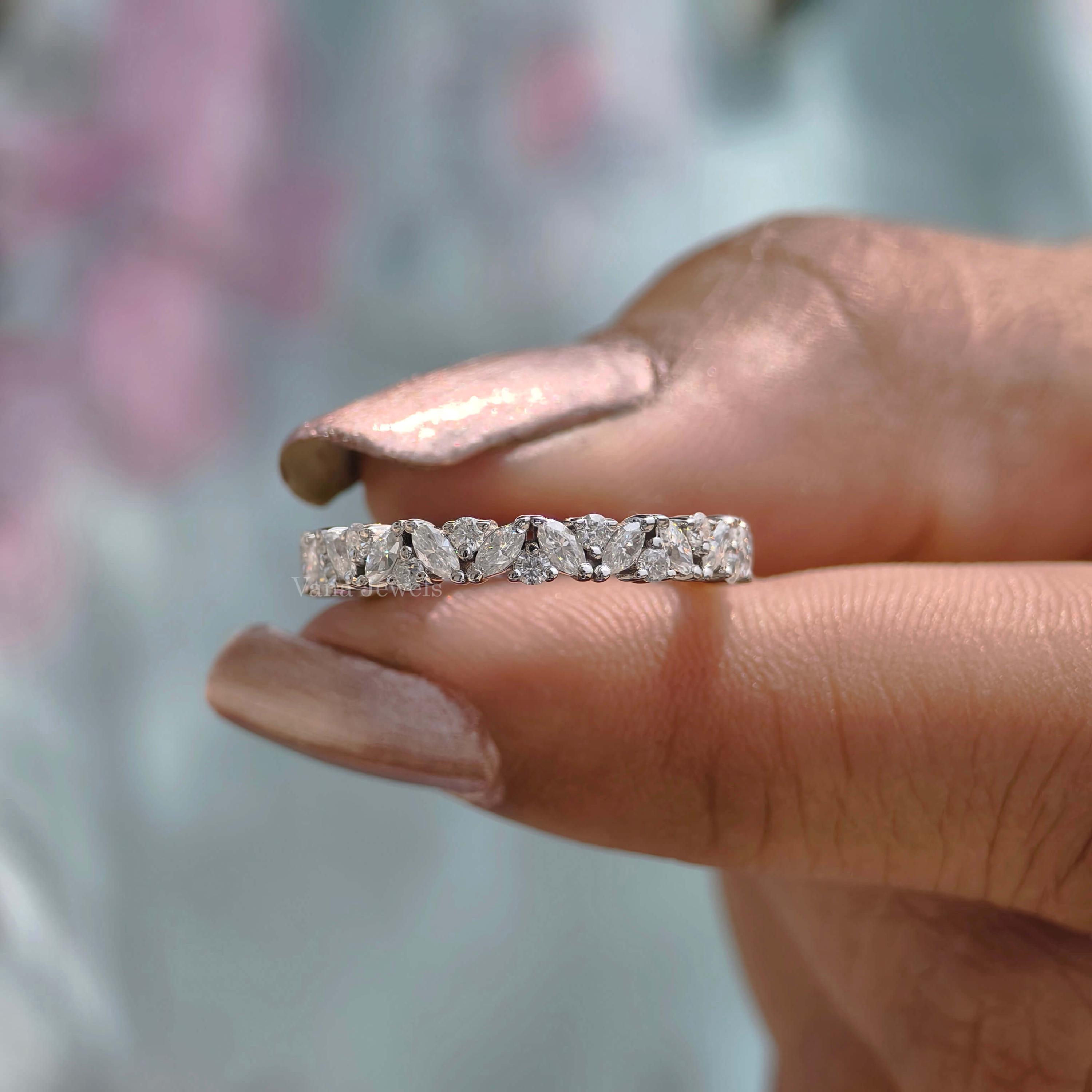 Alternative Marquise & Round Cut Moissanite Wedding Band, White Gold Stacking Ring, Prong Set Full Eternity Band, Matching Band for any Ring