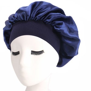 Sleeping Bonnet Hair Wrap Silk Satin Sleeping Cap Women Elastic Night Soft Cap Headwear Navy