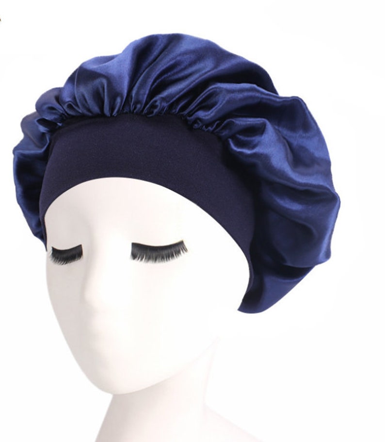 Sleeping Bonnet Hair Wrap Silk Satin Sleeping Cap Women Elastic Night Soft Cap Headwear Navy