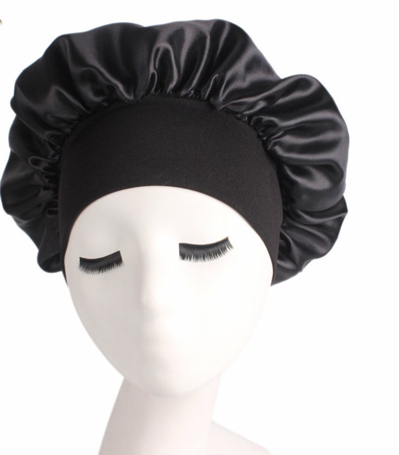 Sleeping Bonnet Hair Wrap Silk Satin Sleeping Cap Women Elastic Night Soft Cap Headwear Black