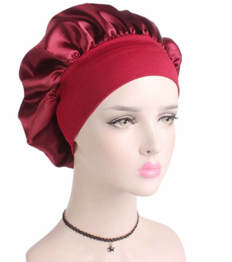 Sleeping Bonnet Hair Wrap Silk Satin Sleeping Cap Women Elastic Night Soft Cap Headwear Red