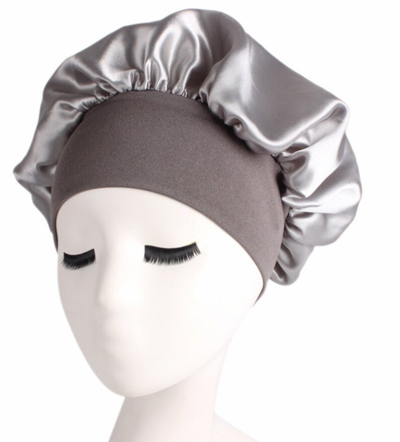 Sleeping Bonnet Hair Wrap Silk Satin Sleeping Cap Women Elastic Night Soft Cap Headwear Silver