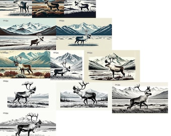 Op de afbeelding: Een verzameling van tien digitale illustraties met een kariboe of rendier dat in een besneeuwd berglandschap staat. De kariboes zijn in verschillende poses afgebeeld en met verschillende kleurpaletten, waaronder bruin, grijs en zwart.