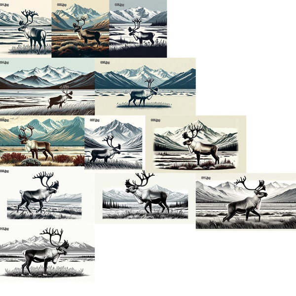 Alaskan Caribou SVG/JPG Collection 12 Caribou in the shadow of Alaska's Brooks Range ready for Laser Engraving CNC carving Silhouette Cricut