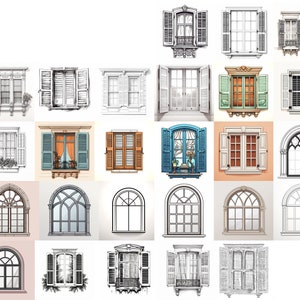 Puede incluir: Una colección de 24 ilustraciones de ventanas diferentes, que presentan varios estilos, incluyendo ventanas arqueadas, con persianas y puertas francesas. Las ventanas están dibujadas en blanco y negro, con algunos acentos de color.