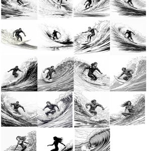 19 Pacote SVG e PNG de surf para gravação a laser, CNC, design de camisetas - Homens e mulheres montando ondas - Arquivos de artesanato de esportes de praia