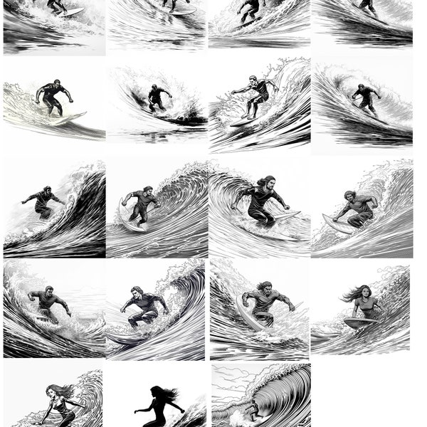 19 Surfing SVG & PNG Bundle for Laser Engraving, CNC, T-Shirt Design - Men and Women Riding Waves - Beach Sports Craft Files