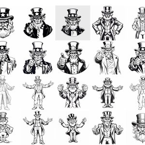 Uncle Sam svg - 20 scalable svg graphics of the USA icon Uncle Sam.  perfect for t-shirts, Cricut, laser engraving, and CNC work