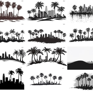 May include: Black and white silhouette illustrations of cityscapes with palm trees. The illustrations feature different cityscapes with varying numbers of buildings and palm trees.