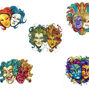 Commedia artistica e tragedia Maschere teatrali SVG - Simbolo vibrante ed espressivo del design della maglietta drammatica, Cricut, Incisione laser, CNC